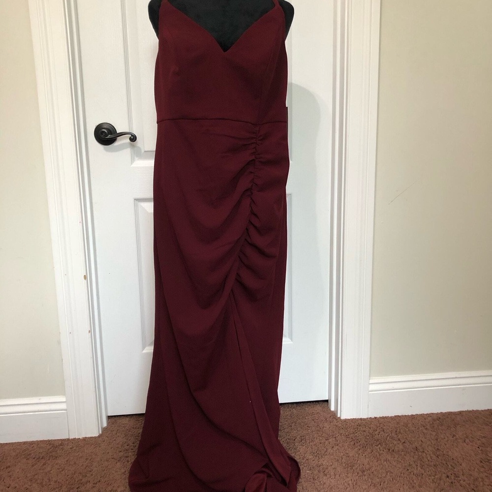 Emerald Sundae Womens Burgundy V-Neck Ruched Maxi Formal Gown Dress Size 16 NWT - Picture 2 of 12